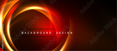 Dark red background features glowing orange circular layers. Text reads background design. Minimalist, modern aesthetic.