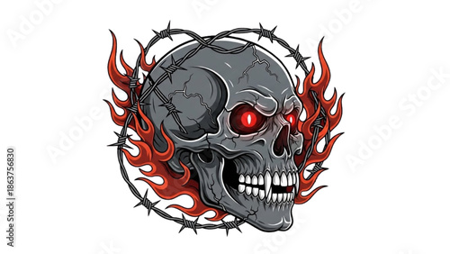 A gray skull with red eyes surrounded by flames and barbed wire in a graphic illustration