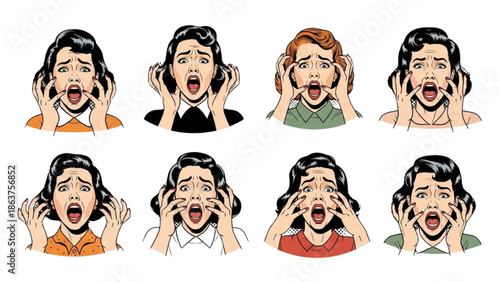 A group of women covering their faces with shocked expressions in various colored attire