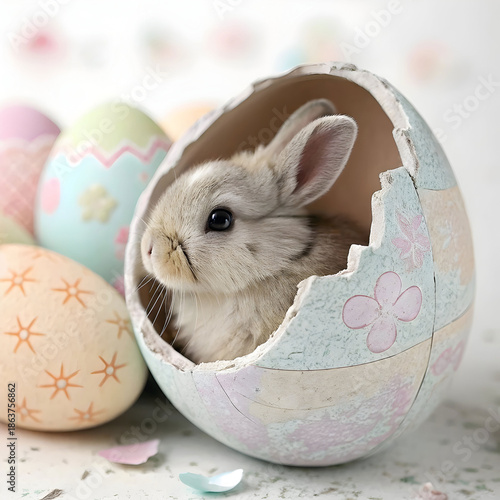 a rabbit inside a cracked Easter egg