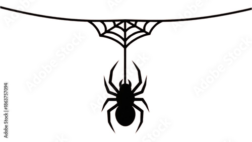 A spider hanging from a web on a white background