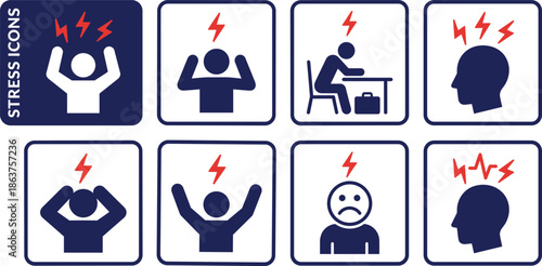 Stress management icons set, anxiety pressure mental health concept, work burnout emotions symbols, flat vector illustration design, modern minimal infographic