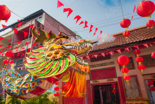 Fotografie Lunar new year celebrations around the chinatown , Dragon parade with red lantern
