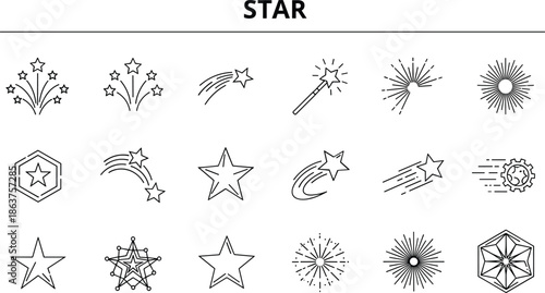 Star and shooting star line icon collection featuring sparkles, fireworks bursts, magic wand, celestial symbols, cosmic illustrations, decorative astronomy elements