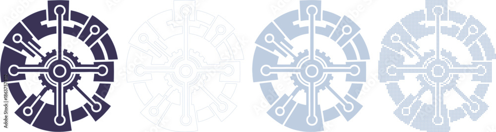 Obraz premium Four abstract circular mechanical in dark blue light blue and pixelated light blue gear wheel