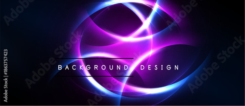 Abstract neon design. Glowing curves, purple hues dominate dark background. Text reads background design. Modern, vibrant aesthetic.
