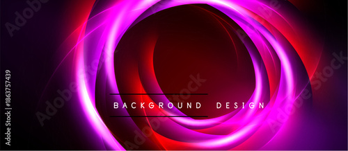 Vibrant abstract design features concentric glowing circles. Red, purple hues dominate dark background. Modern aesthetic.