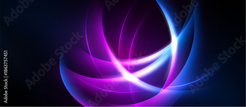 Abstract swirls, vibrant blues, purples create luminous energy. Dynamic composition evokes movement, depth, modern aesthetic.