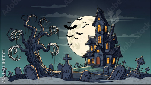 Spooky haunted house with full moon, bats, and graveyard in a dark illustration