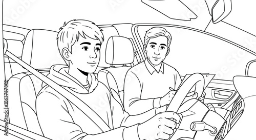 Teenage boy learning to drive with instructor