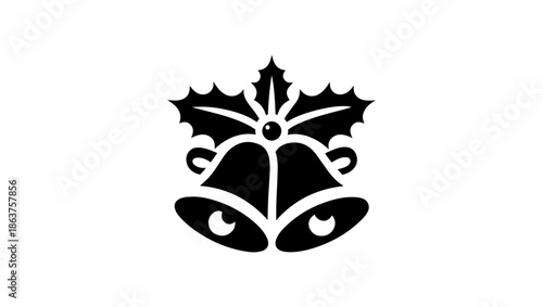 bell icon, christmas bell, bells, Christmas Jingle Bell Decoration with Holly Leaf and Seeds Black and White Silhouette Design, Bell Notification SVG Files | Alarm Bell SVG Cut Files | Bell Icon Vecto