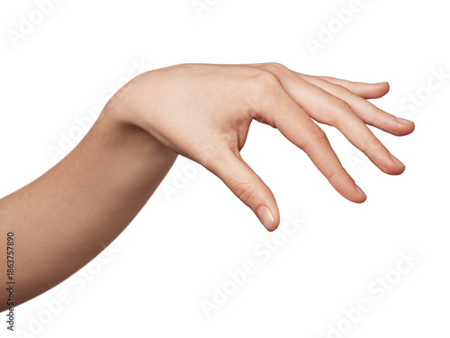 Woman's hand creating an elegant swan-like shape, symbolizing grace, beauty, and fluidity on a plain background, representing creativity and delicate movement