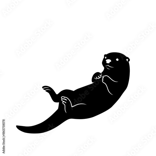 Black silhouette illustration of a playful otter floating on water isolated on white background. Wildlife and animal concept suitable for nature, conservation, logo, and graphic design use