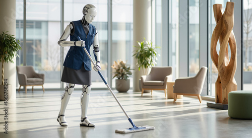 Advanced Female Humanoid Robot Mopping the Floor in a Modern Corporate Office Lobby, Symbolizing Automation and the Future of Service Work.