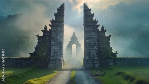 Monumental Stone Gate Architecture in Minimalist Landscape