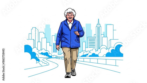Elderly woman jogging in a city park healthy lifestyle concept vector illustration with cityscape background