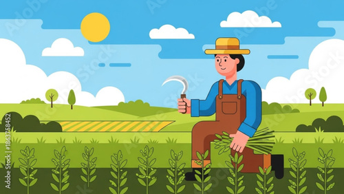 Farmer harvesting crops with a sickle in a field flat vector illustration of agriculture and rural life concept for farming and food production