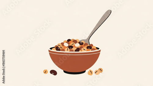 Bowl of cereal with spoon healthy breakfast food illustration flat design for morning meal concept isolated on light background