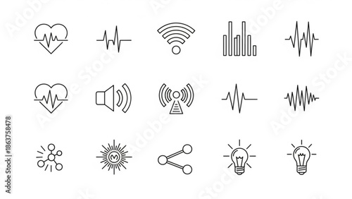 Collection of line art icons representing health signal audio and ideas perfect for technology and science concepts isolated on white