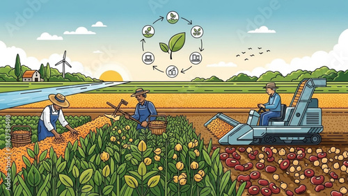 Sustainable agriculture concept with farmers and modern machinery illustrating eco-friendly farming practices and technology in a rural landscape