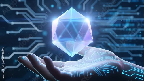 Hand Holds 3d Icosahedron With Electronic Circuitry Background