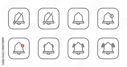 Notification bell outline icon set collection in square line. Alarm, reminder, and alert symbol