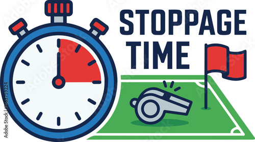 Stoppage time concept illustration featuring a stopwatch, referee whistle, and red corner flag on a green soccer field background.