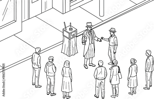 Vintage street performer entertaining crowd with magic tricks