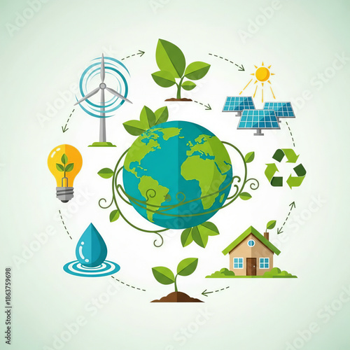 A comprehensive illustration depicting global environmental sustainability and clean energy solutions.