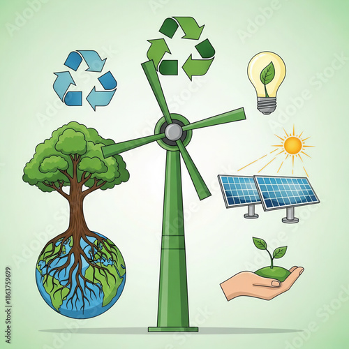 An environmental illustration showcasing essential elements for sustainable development and clean energy.