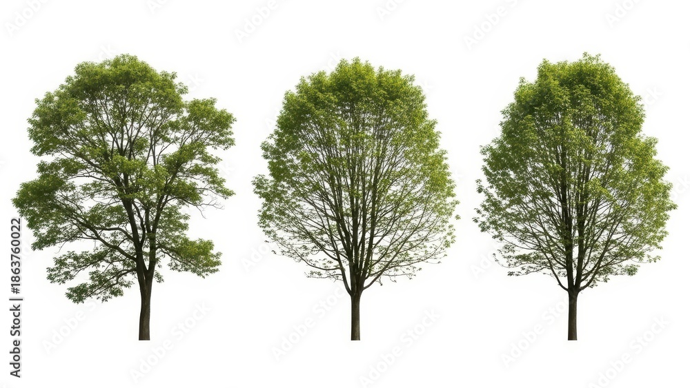 Fototapeta premium Three Green Trees Isolated on White Background, Stock Photos