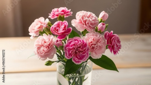 Wallpaper Mural A fresh bouquet of pink and magenta carnations in a glass vase on a wooden table. Spring floral arrangement for mother's day or a birthday celebration Torontodigital.ca
