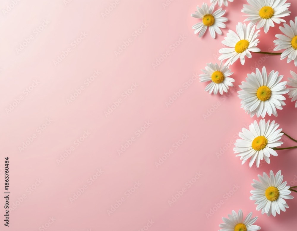 Fototapeta premium White daisy flowers arranged on soft pink background. Delicate petals, yellow centers create fresh, natural feel. Plenty of empty space for text design elements. Image perfect for spring, floral