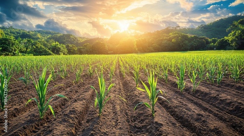 Young Sugarcane Field Bathed in Golden Sunlight