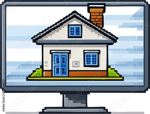 Pixel art style house displayed on a computer monitor, representing online real estate or digital property in a retro digital context on an isolated white background.