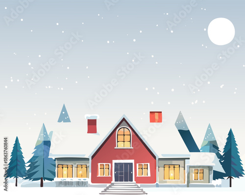 Picturesque houses in a cozy snowy winter village landscape under the moonlight, evoking a festive holiday mood.