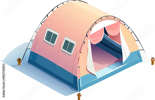 A green tourist camping tent on a clean white background for outdoor travel and adventure