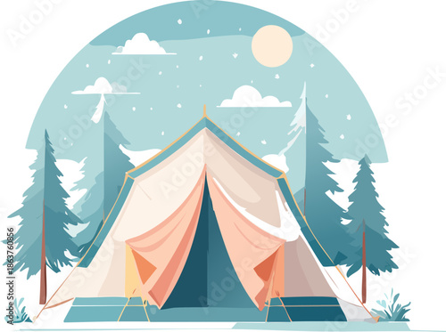 Peaceful camping tent in a tranquil snowy winter forest with pine trees under a glowing moon.