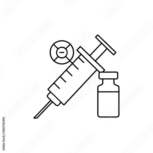Black line icon of a syringe and bottle on transparent background silhouette vaccine medicine healthcare medical injection pharmacy drug needle vaccination pharmaceutical health wellness treatment