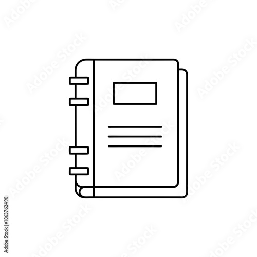 A black line drawing of a binder notebook silhouette on transparent background icon art office school organizer stationery document book binding rings three ring clip