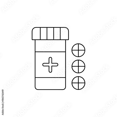 Black line icon of a medicine bottle with pills silhouette on transparent background pharmacy health medical drug tablet cap container pill healthcare symbol drugstore art
