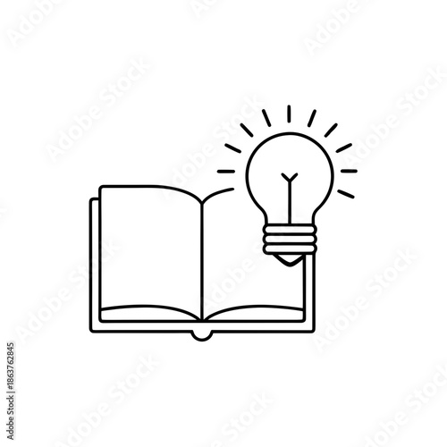 Open book with a lightbulb on transparent background silhouette idea inspiration learning education knowledge icon line art black and white simple minimalist illustration graphic symbol
