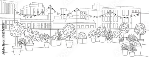Urban Rooftop Garden with Potted Plants and Cityscape