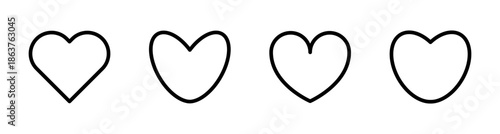 Hearts icon set. Heart basic shape sign. Black line icons. Love, Valentine, romance symbol. Decorative flat simple element for design, clipart, interface. Editable stroke. Vector illustration.
