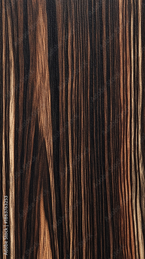 Fototapeta premium Wenge exotic wood panel texture with rich dark brown tones and natural grain pattern, creating a luxurious banner background for interior, furniture, or design use. 