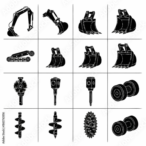 Collection of construction equipment parts and tools.