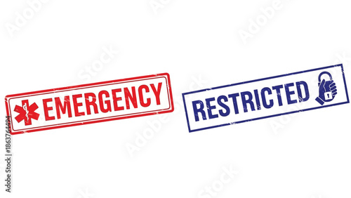 Red grunge stamp indicating emergency alert alongside a blue rubber stamp marked restricted access with a hand holding a padlock symbol