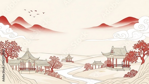 Traditional oriental landscape with mountains buildings and trees illustration