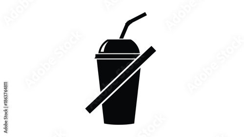 Black and white prohibition sign indicating no disposable plastic straws for cold beverages served in takeaway cups clearly demonstrates a strong environmental message.