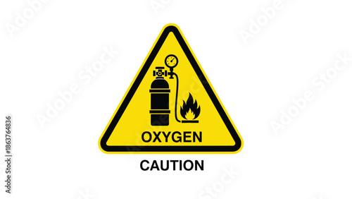 Yellow caution warning sign graphic illustrating compressed oxygen gas cylinder connected to a flame, indicating potential flammability hazard in industrial settings.